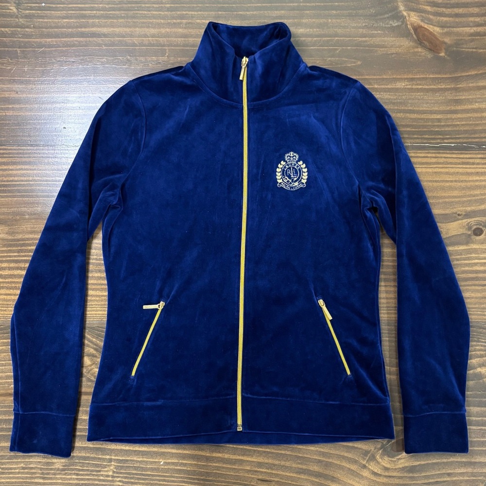 LAUREN RALPH LAUREN Women PS Navy Velour Gold Zip Embroidered Crest Jacket - Picture 3 of 10
